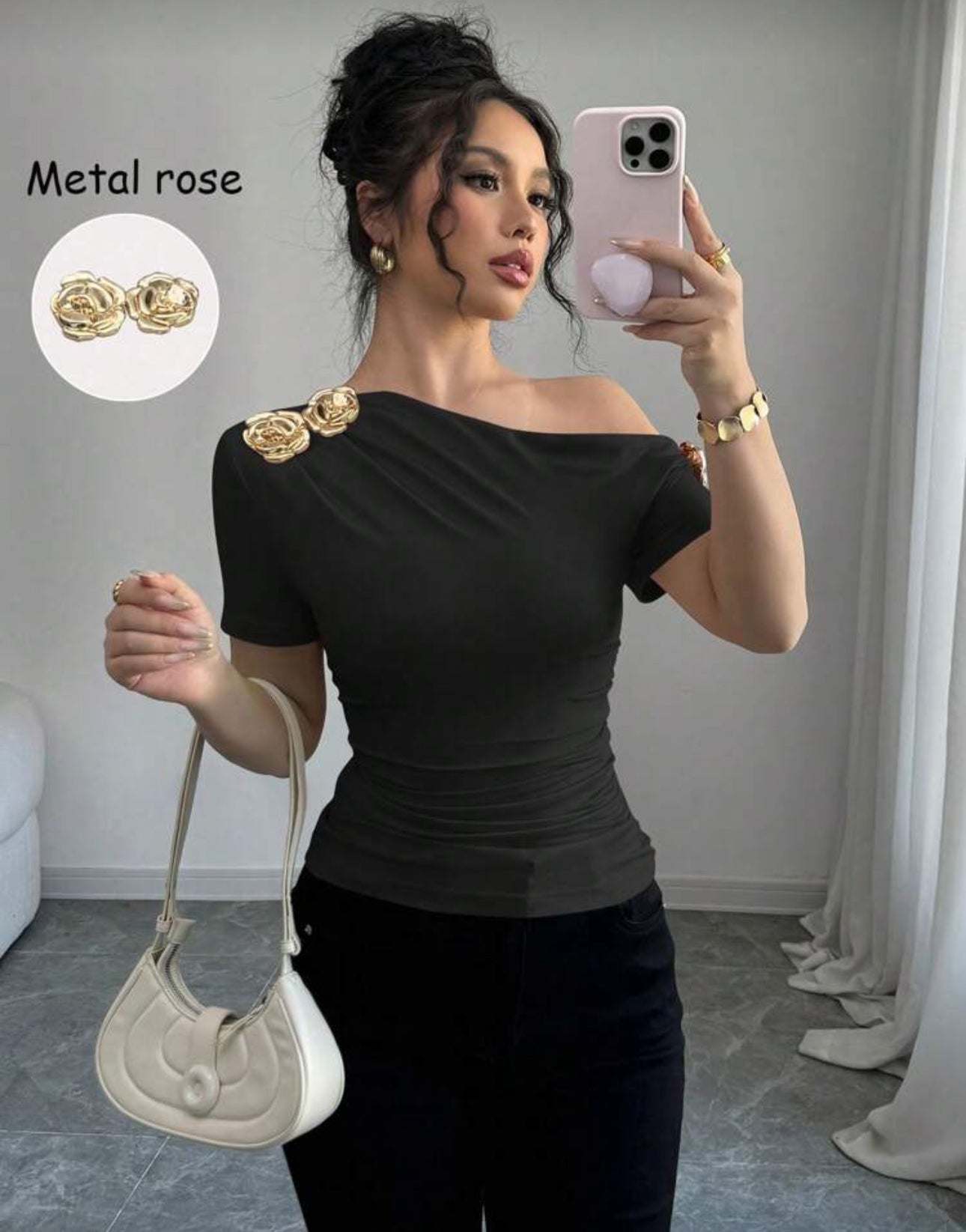 Shein Elegent Asymetric Shoulder Rose Gold Metal Décor Top  Black