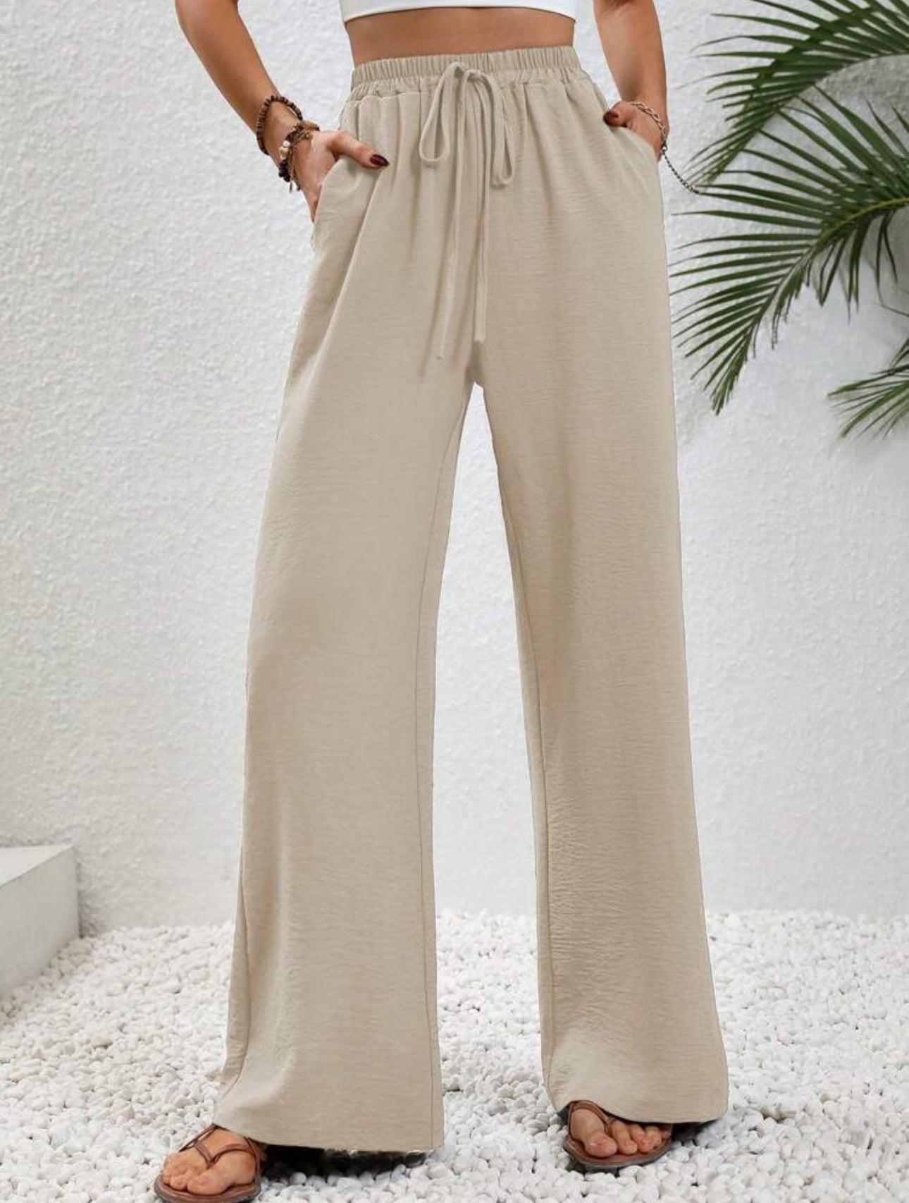 Shein Lune Drawstring Waist Slant Pocket Wide Leg Pants