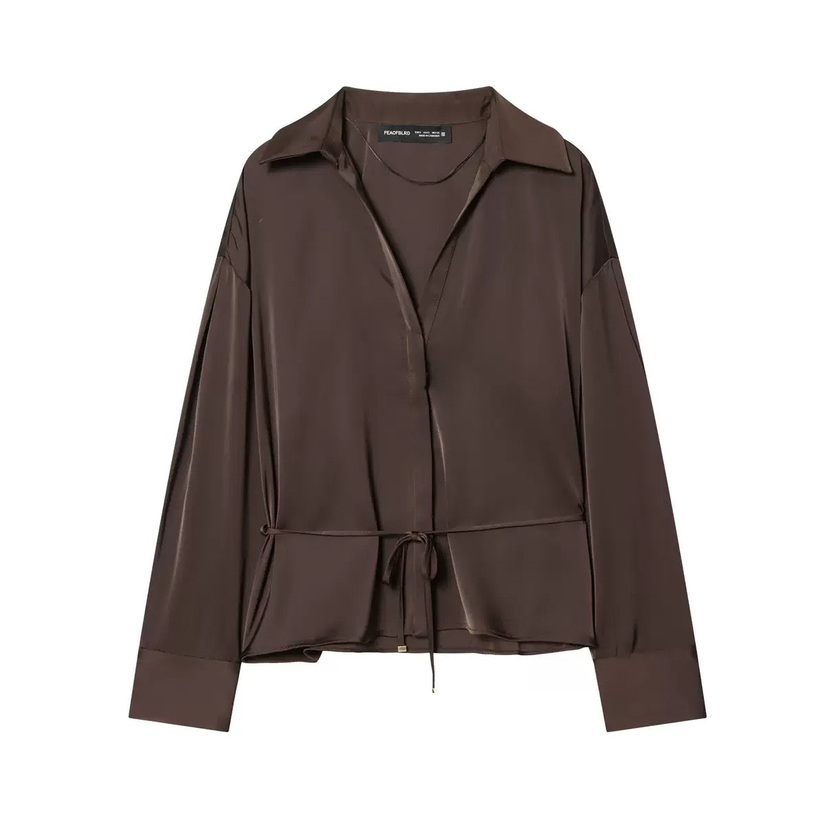 Zara Satin Blouse With Belt- Chocolate