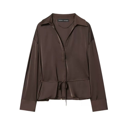 Zara Satin Blouse With Belt- Chocolate