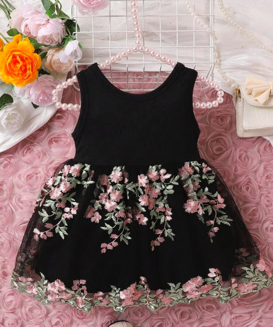 SHEIN Baby Girls Floral Embroidery Mesh Ovelay Bow Front Dress