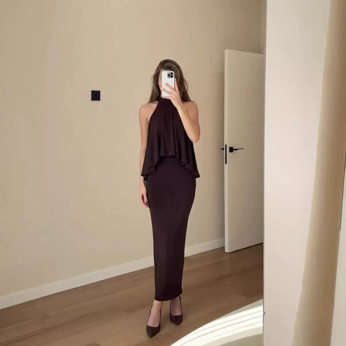 Zara Baloon Halter Dress Brown