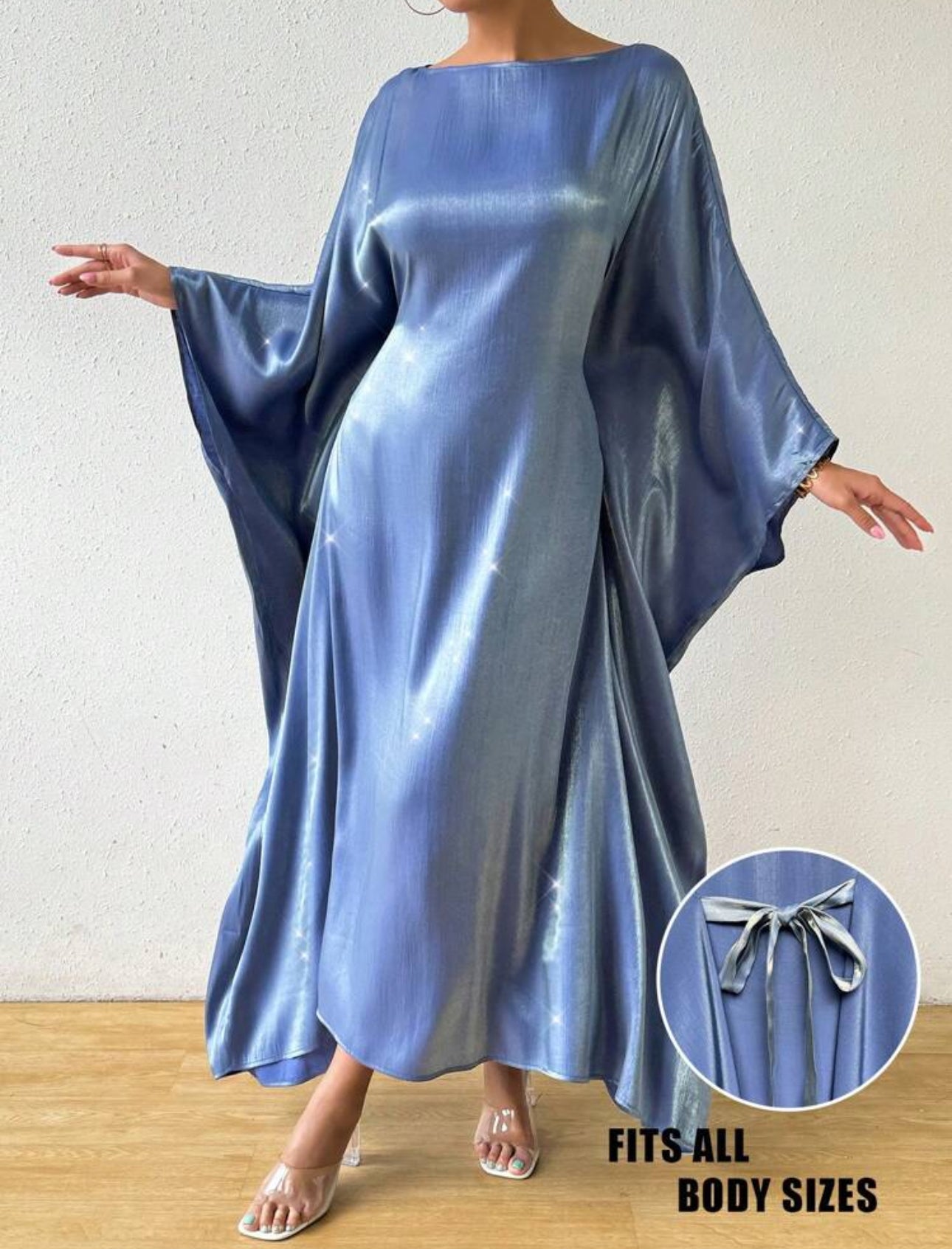 Shein Raffnea Women Round Neck Batwing Sleeve Solid Color Loose- Blue