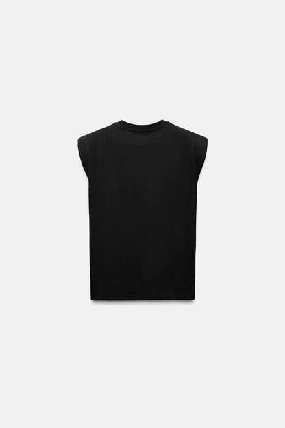 ZARA T-Shirt With Padded Shoulder & Rhinestones -Black