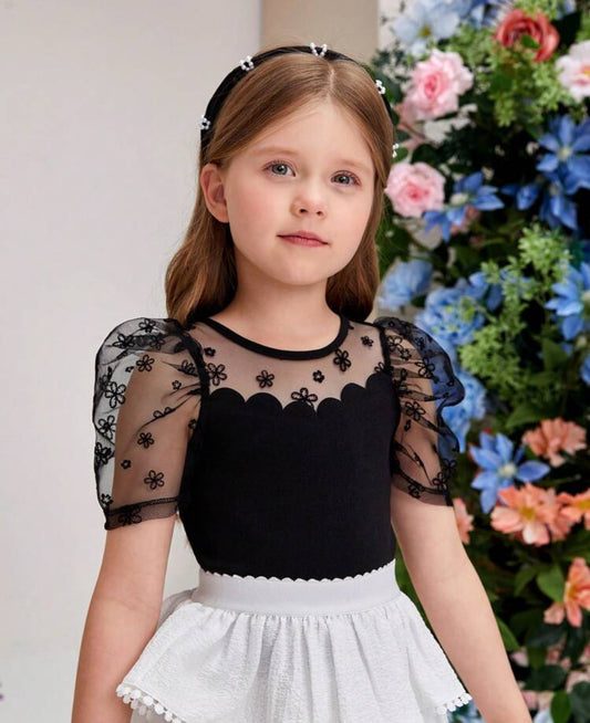 SHEIN Young Girls Round Neck Knitted Neck T shirt With Mesh