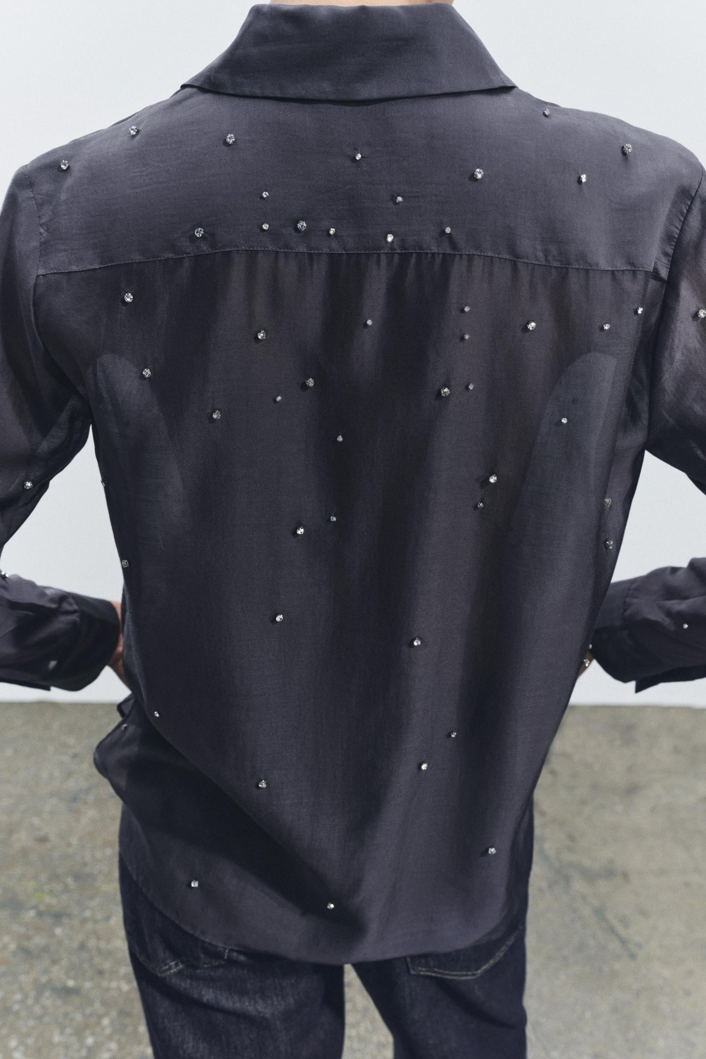 ZARA ZW Collection Embroided Shirt With Jewels-Dark Grey