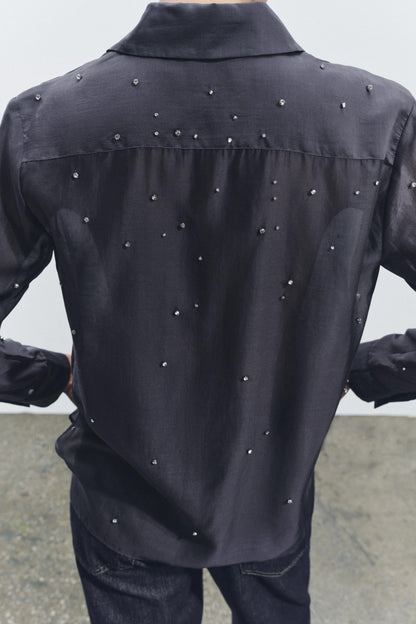 ZARA ZW Collection Embroided Shirt With Jewels-Dark Grey