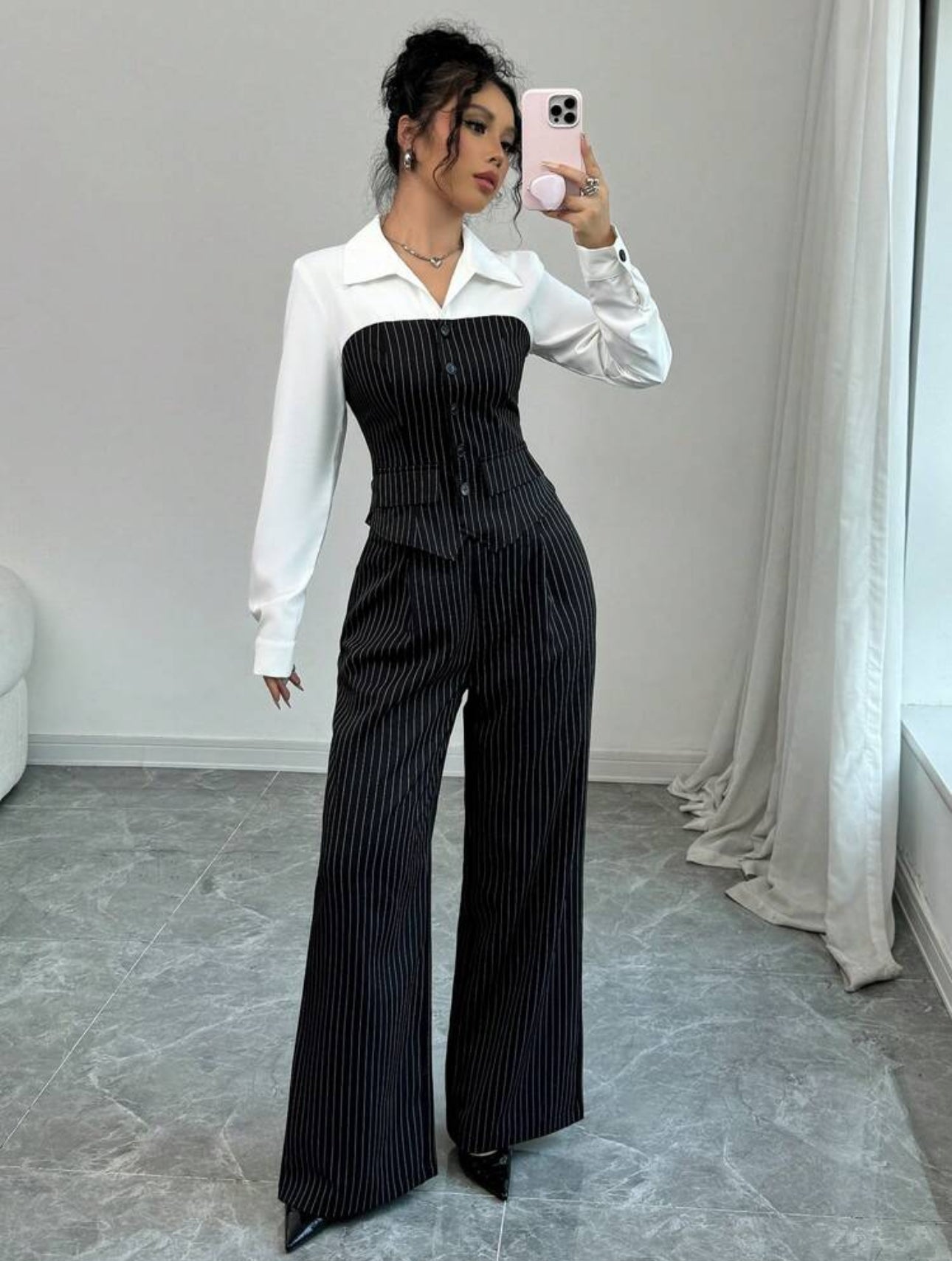 Shein Rafferiza Women Casual Collared Patchwork Striped 2Pcs Outfit