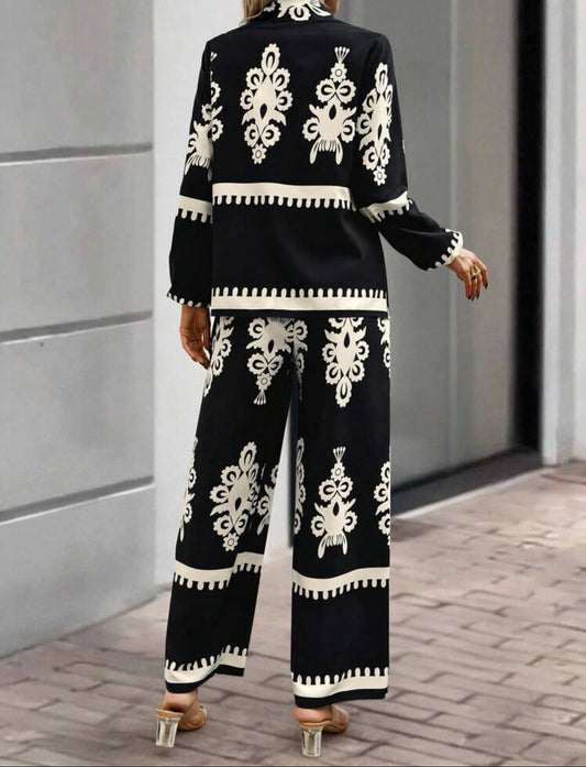 SHEIN  Classi Women Random Print Front Button Long Sleeve Cord-Set