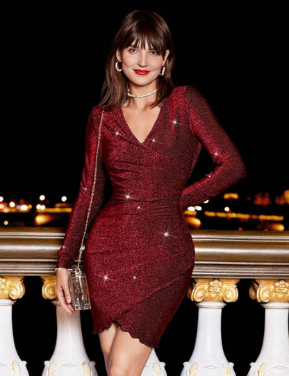 Shein Poeselle Surplice Neck Wrap Hem Glitter Bodycon Dress