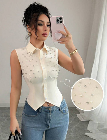 Shein Single Button Sleeveless Beaded Shirt