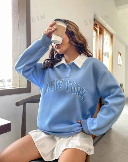 SHEIN Mossta Polo Colar Droo Shoulder Letter Graphic PullOver