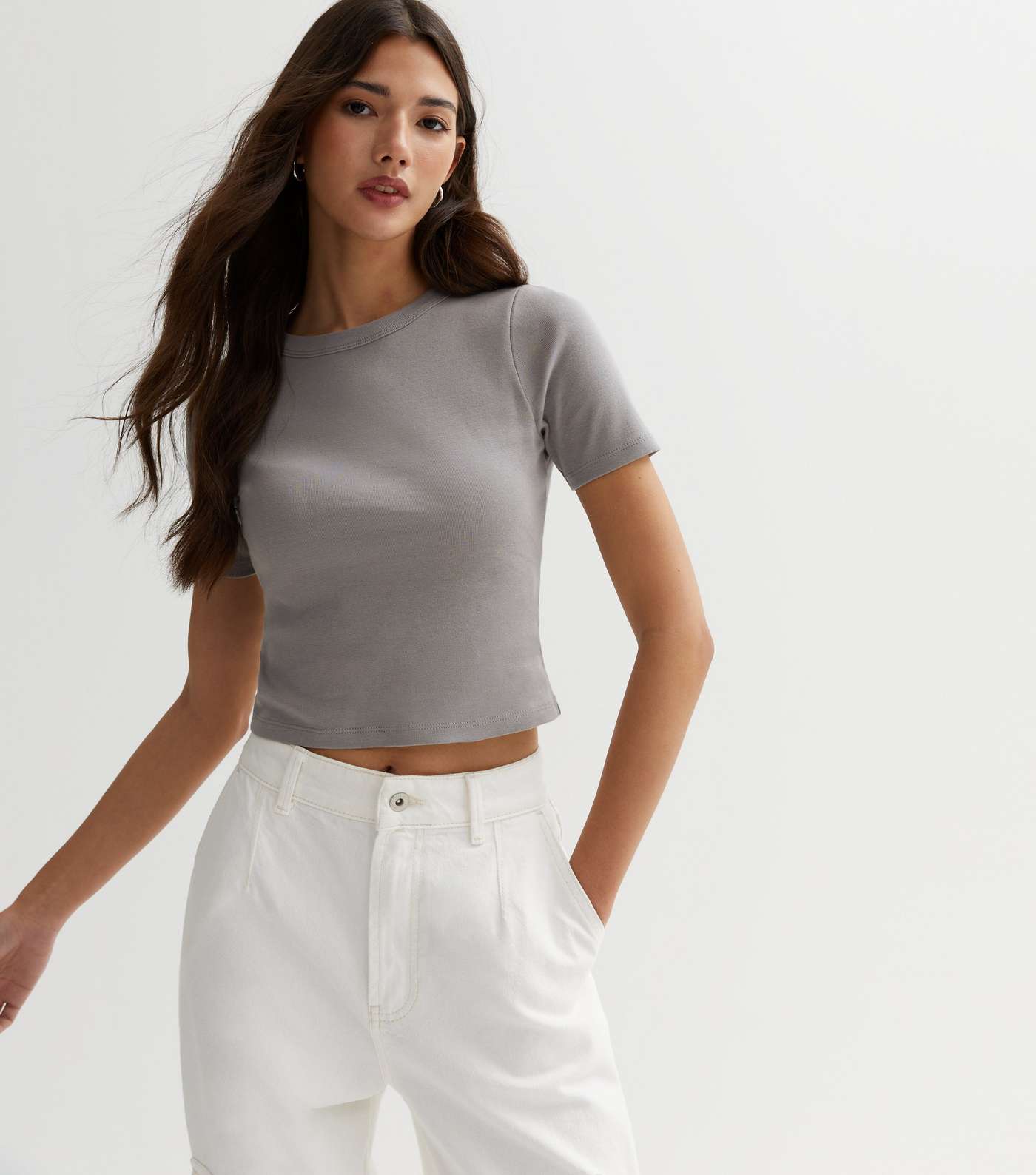 New Look Grey Cotton Short Sleeve Crop T-Shirt (UK size)