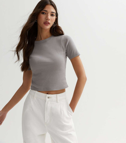New Look Grey Cotton Short Sleeve Crop T-Shirt (UK size)