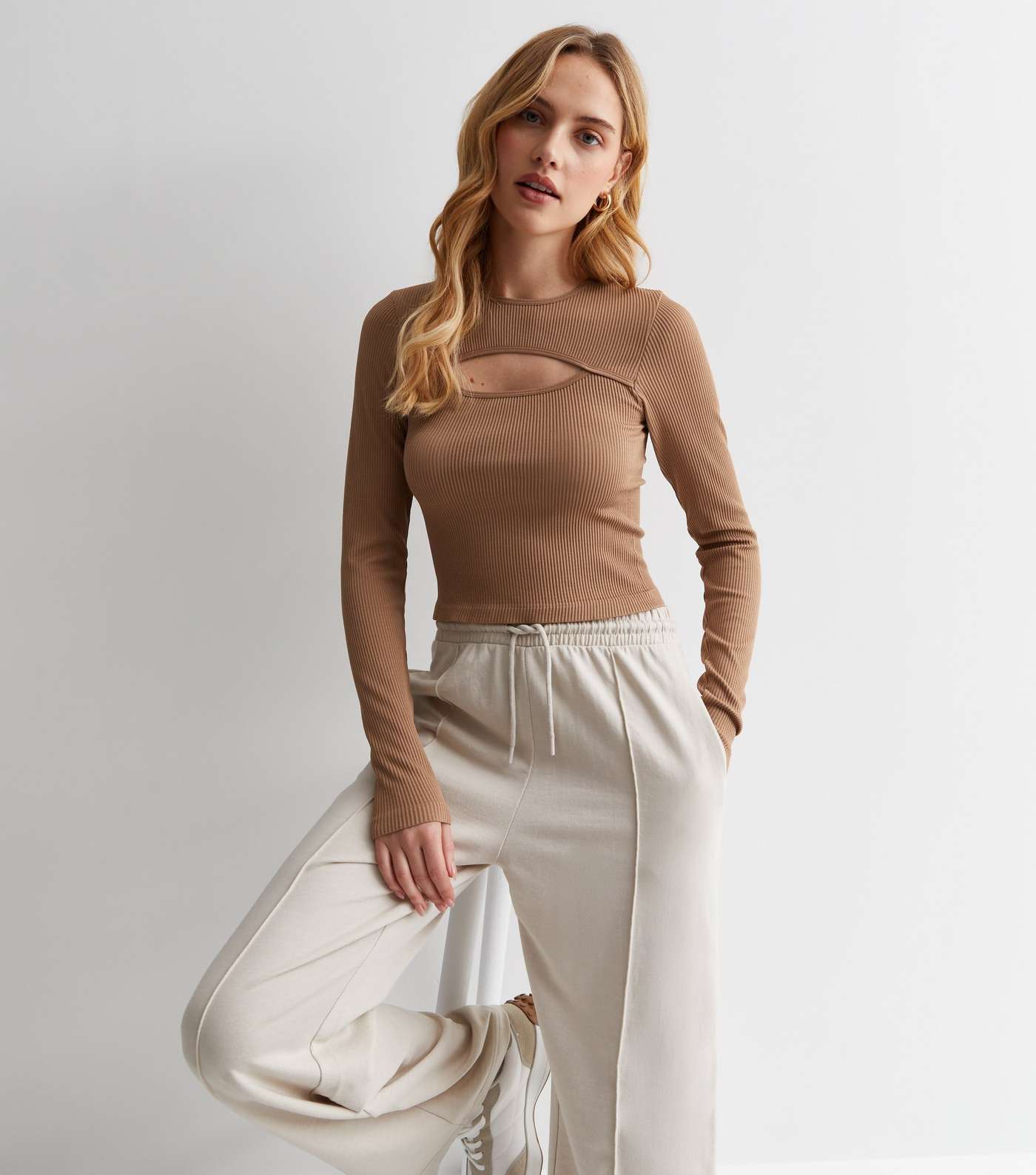 New Look Pink Vanilla Rib Long Sleeve Cut Out Top (UK size)