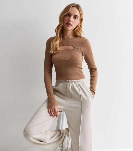 New Look Pink Vanilla Rib Long Sleeve Cut Out Top (UK size)
