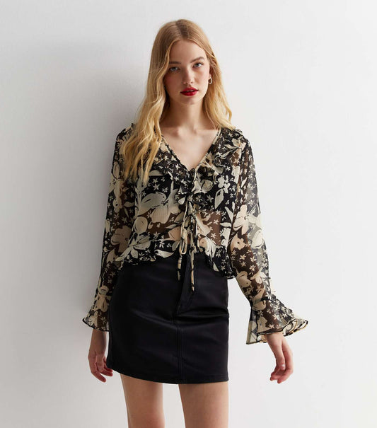 New Look Black Floral Chiffon Ruffle Neck Shirt