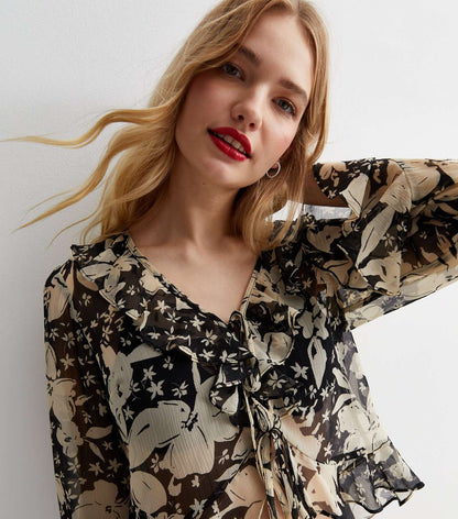 New Look Black Floral Chiffon Ruffle Neck Shirt