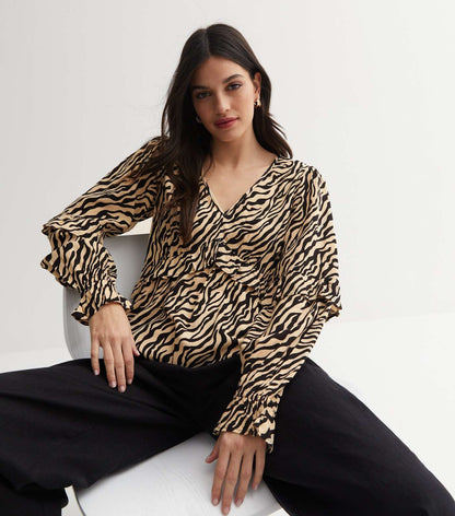 New Look Off White Zebra Print Frill V Neck Peplum Top