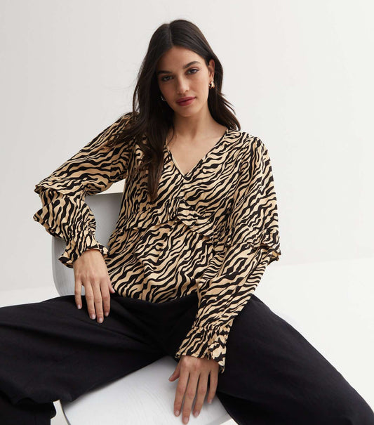New Look Off White Zebra Print Frill V Neck Peplum Top