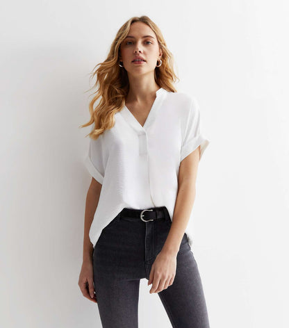 New Look White V Neck Roll Sleeve Top (UK size)