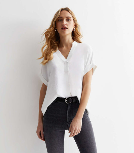 New Look White V Neck Roll Sleeve Top (UK size)