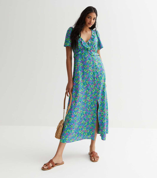 New Look Blue Floral Ruffle Midaxi Dress (UK size)