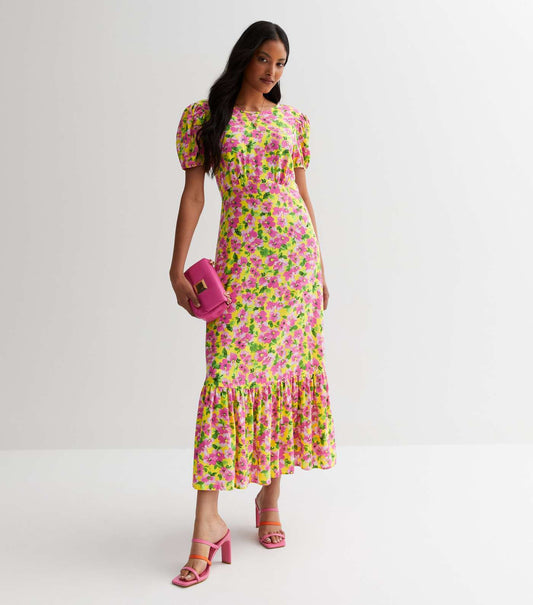 New Look Yellow Floral Puff Sleeve Midaxi Dress (UK size)