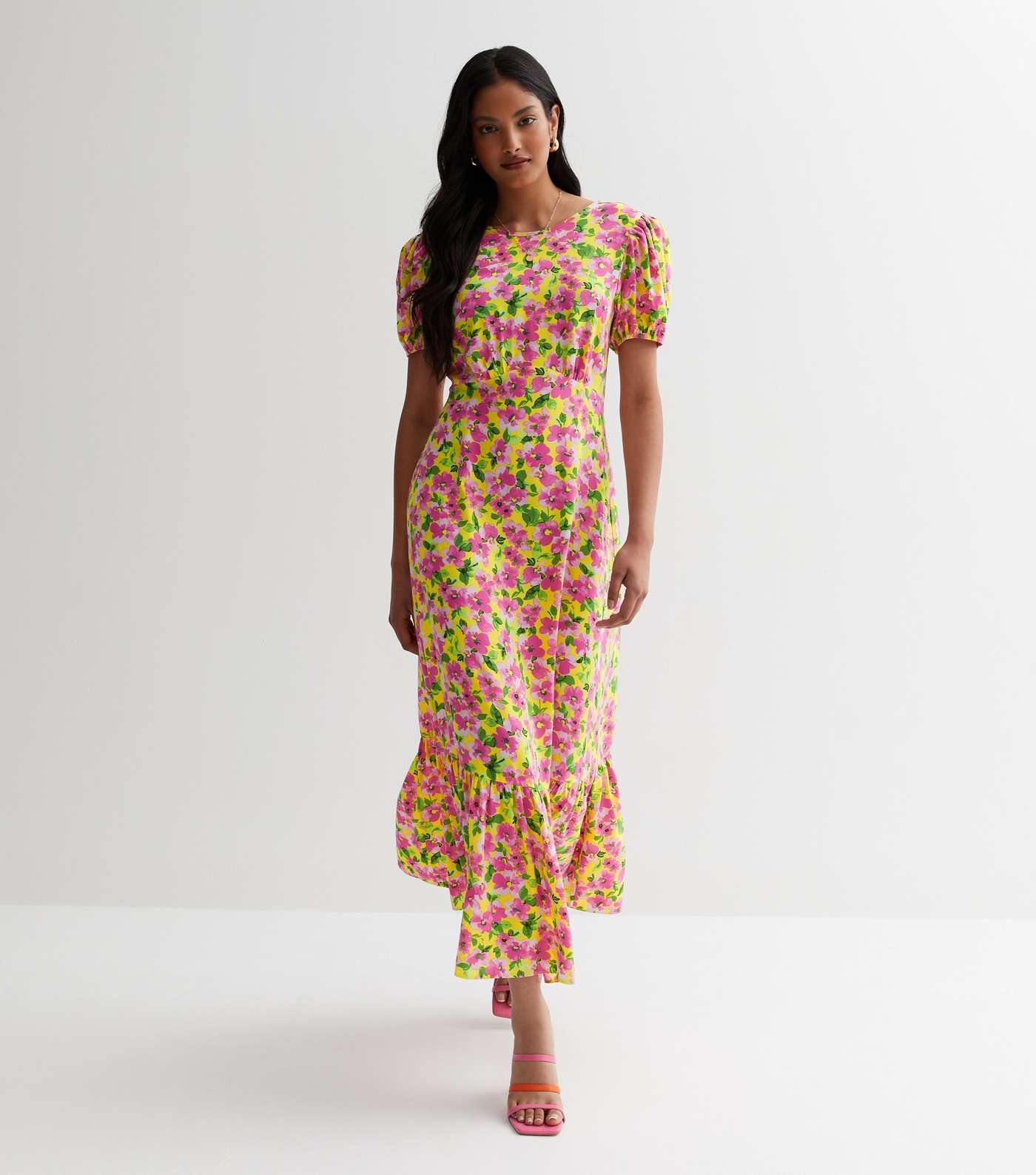 New Look Yellow Floral Puff Sleeve Midaxi Dress (UK size)