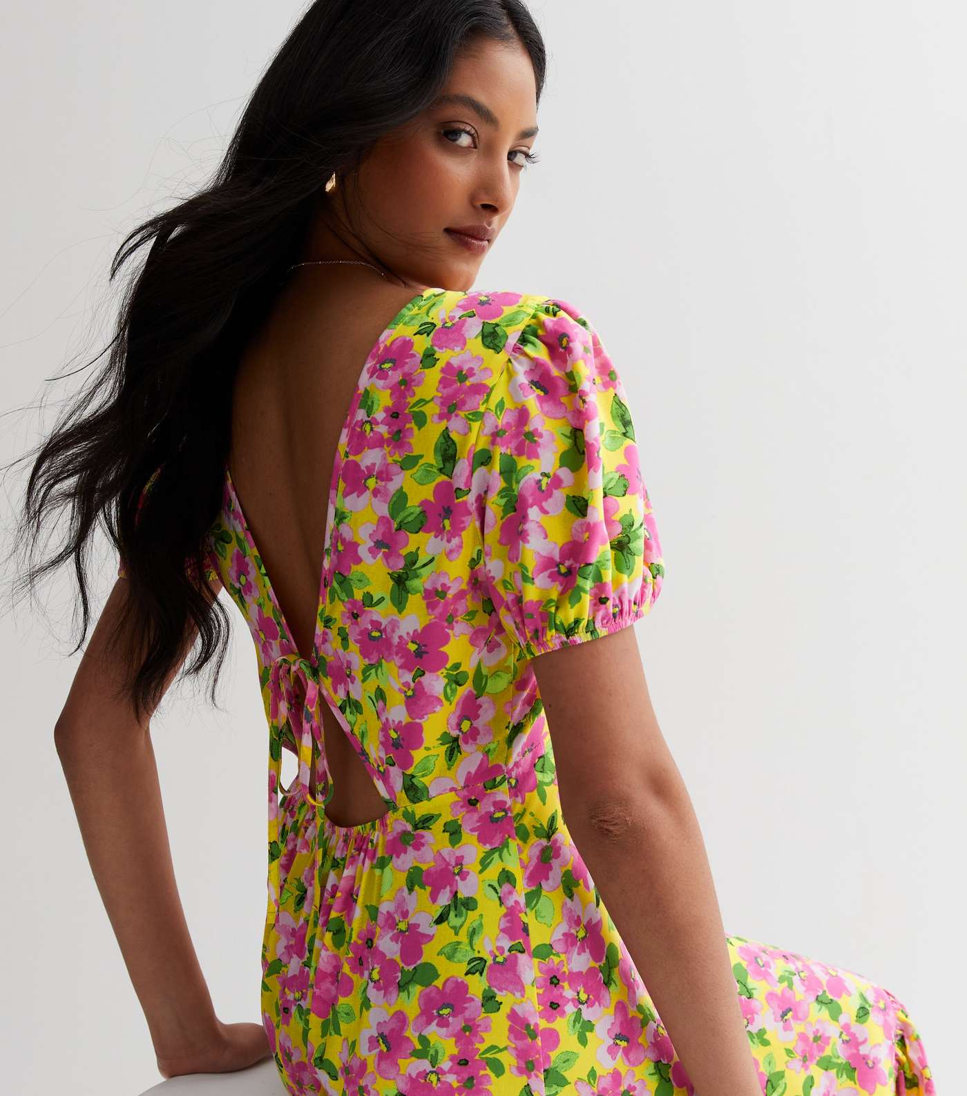 New Look Yellow Floral Puff Sleeve Midaxi Dress (UK size)