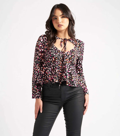 New Look Urban Bliss Black Animal Print Tie Neck Blouse (UK size)