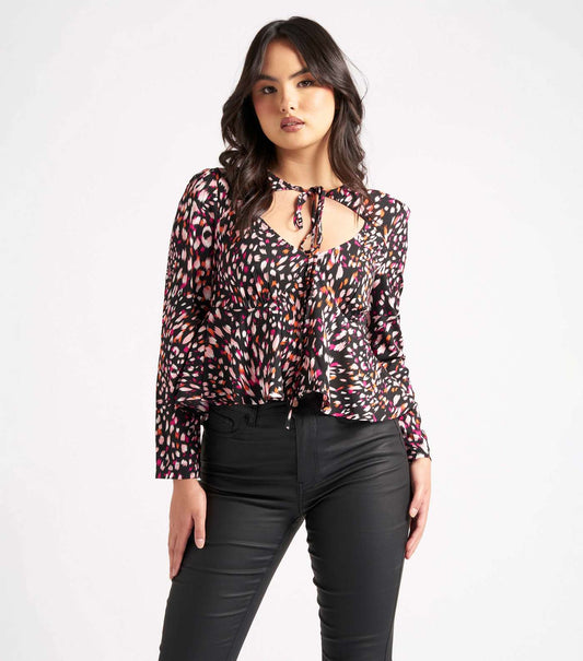 New Look Urban Bliss Black Animal Print Tie Neck Blouse (UK size)