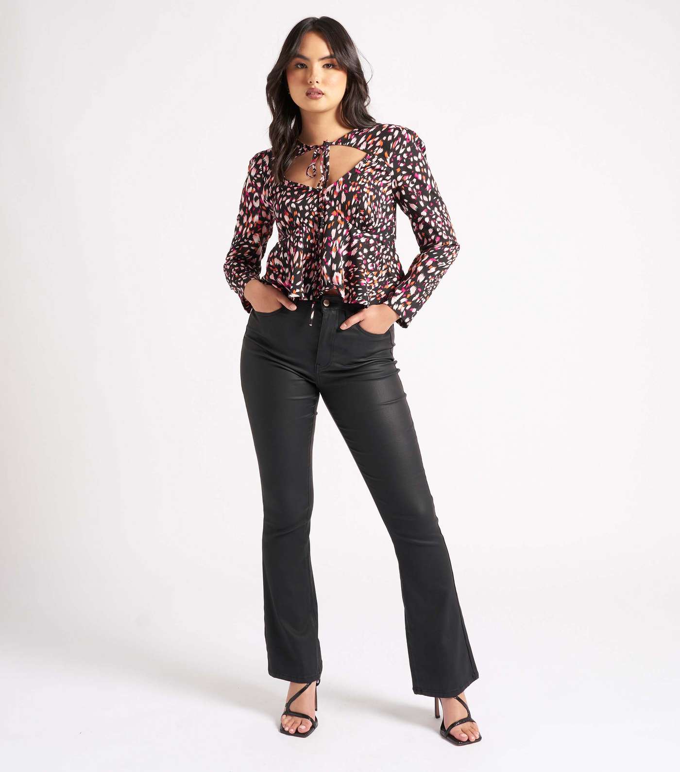 New Look Urban Bliss Black Animal Print Tie Neck Blouse (UK size)