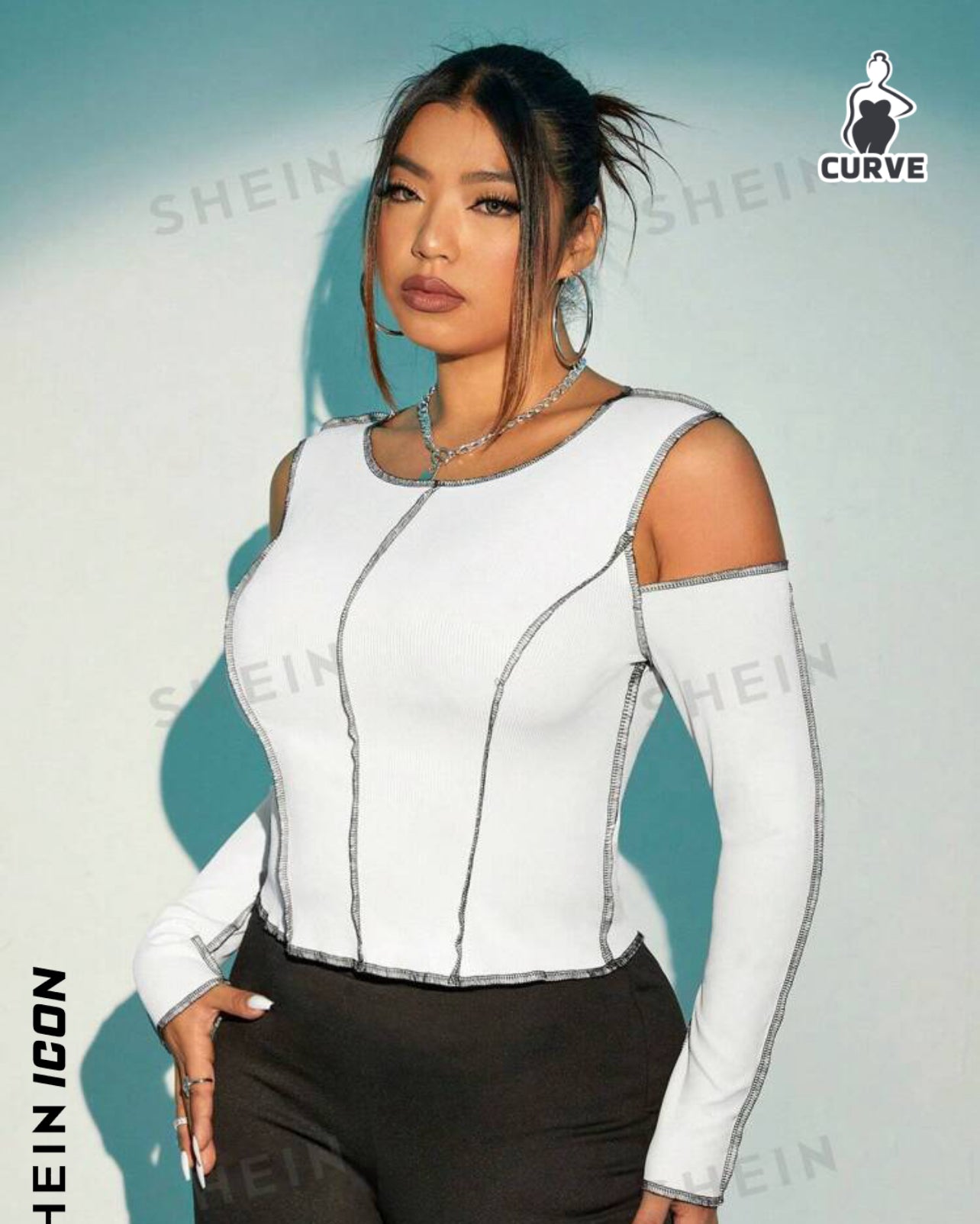 SHEIN ICON Plus Cold Shoulder Top- stitching Tee