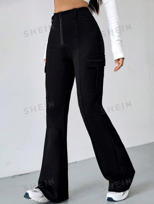 SHEIN EZwear Flap Pocket Side Zip Fly Flare Leg Cargo Women Pants