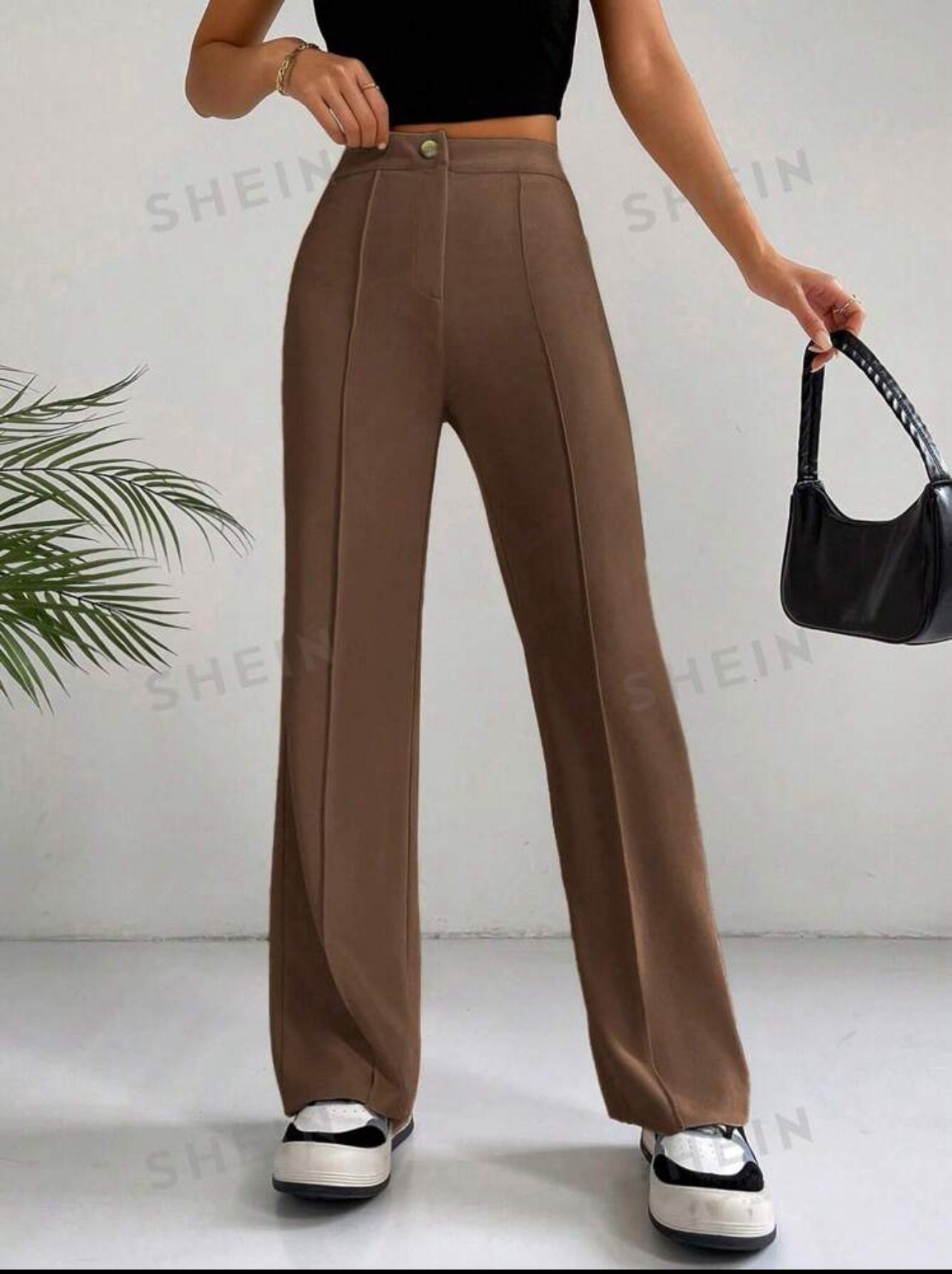 SHEIN EZwear Spring Brown Y2k High Waist Seam Detail Straight Le....