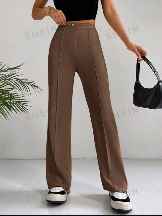 SHEIN EZwear Spring Brown Y2k High Waist Seam Detail Straight Le....