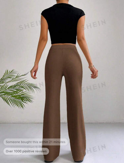 SHEIN EZwear Spring Brown Y2k High Waist Seam Detail Straight Le....