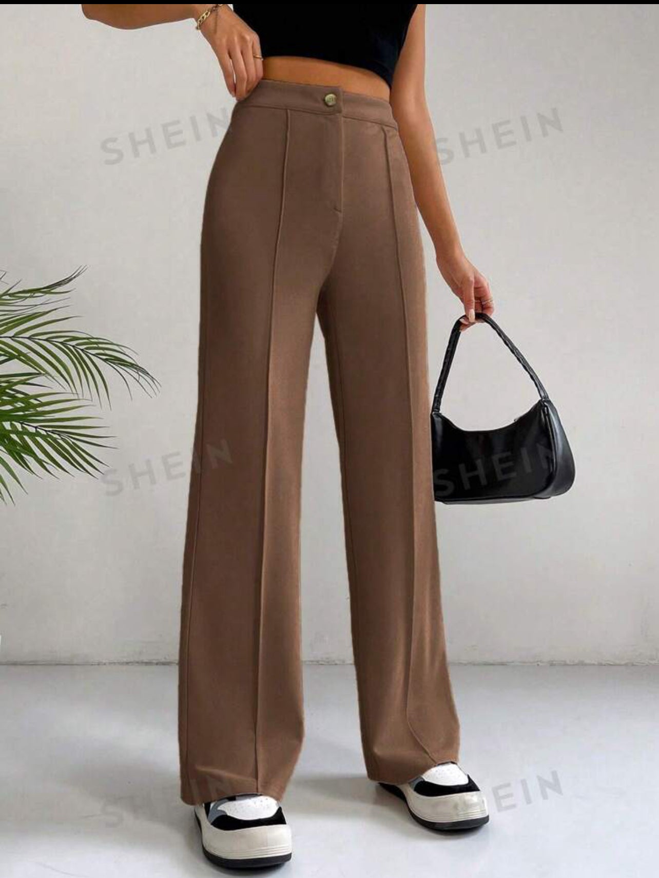 SHEIN EZwear Spring Brown Y2k High Waist Seam Detail Straight Le....