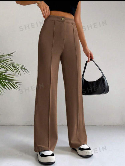 SHEIN EZwear Spring Brown Y2k High Waist Seam Detail Straight Le....