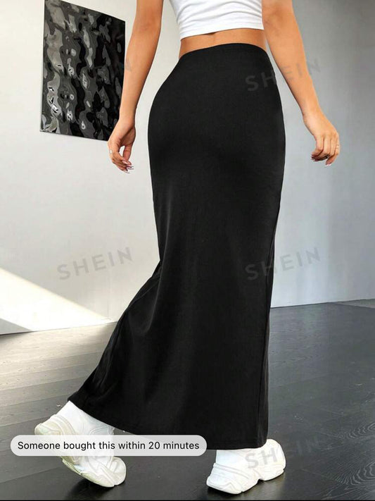 SHEIN EZwear Zip Side Split Thigh Contrast Binding Skirt