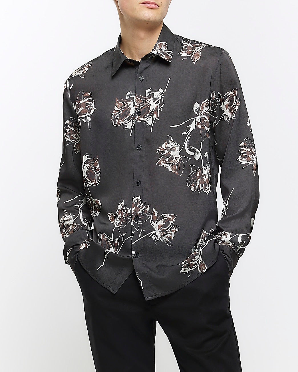 River Island Black regular fit sateen floral shirt