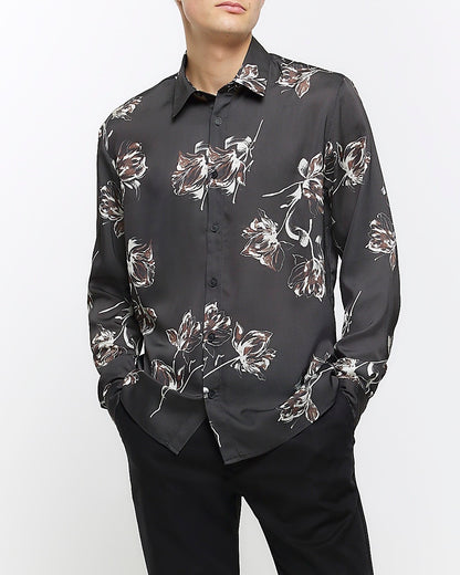 River Island Black regular fit sateen floral shirt