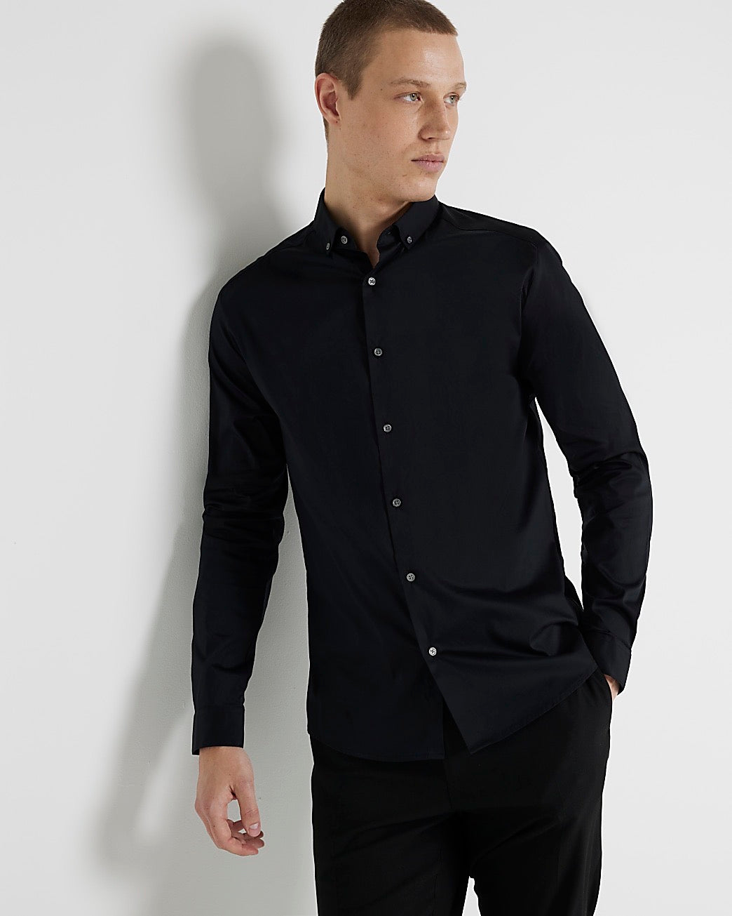 River Island Black muscle fit long sleeve shirt