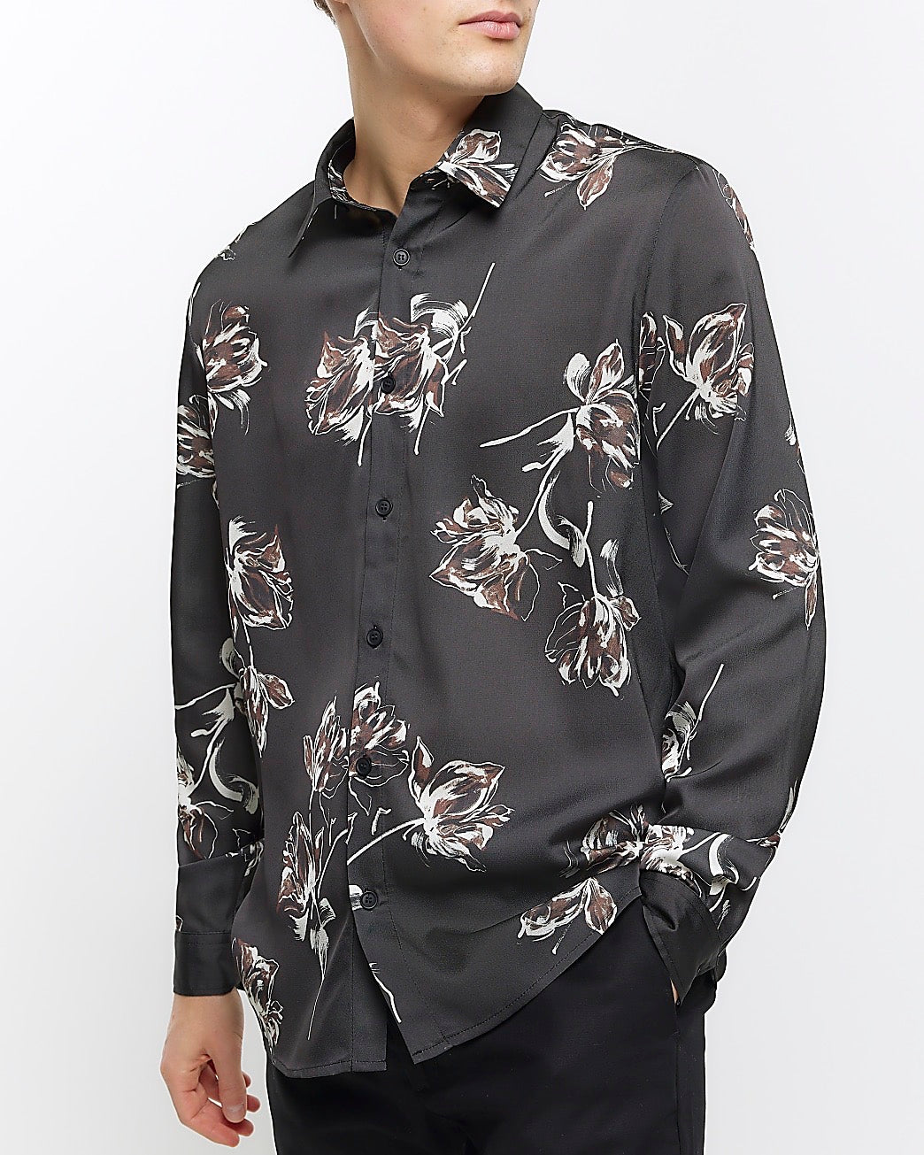 River Island Black regular fit sateen floral shirt