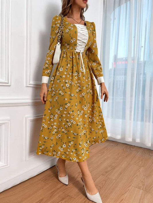 SHEIN Modely Floral Print Lace Up Front Puff Sleeve Dress