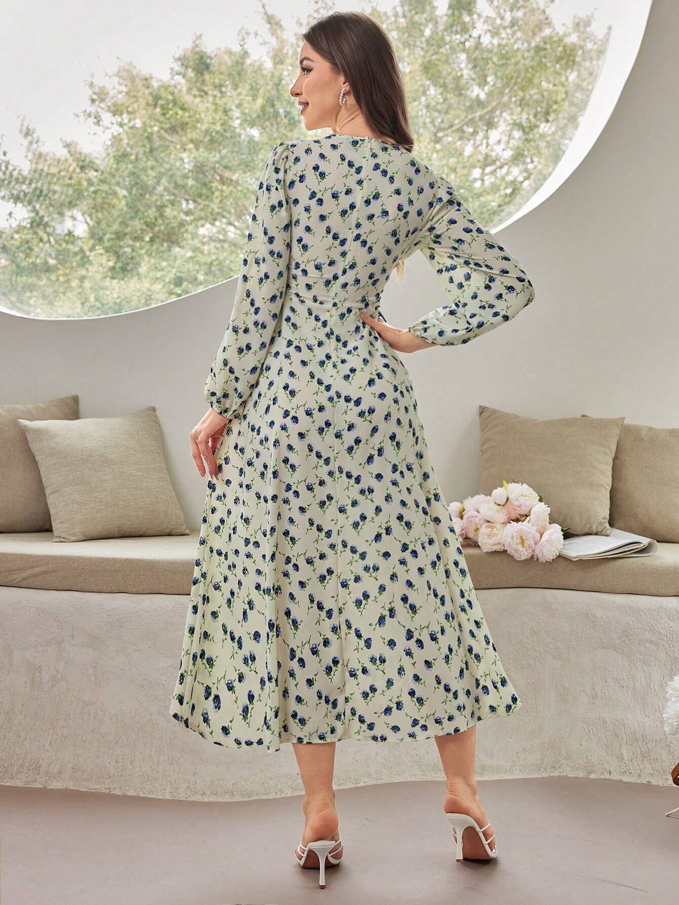 SHEIN Mulvari Women's Floral Printed Lantern Sleeve Dress