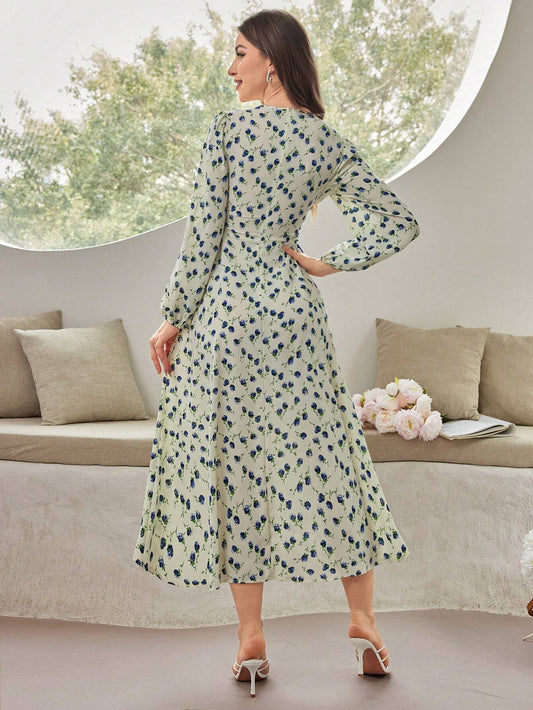 SHEIN Mulvari Women's Floral Printed Lantern Sleeve Dress