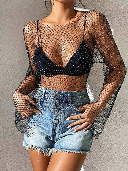 SHEIN BAE Sheer Fishnet Metallic Top