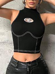 SHEIN ICON Graphic Print Top- Stitching Crop Black Tank Top